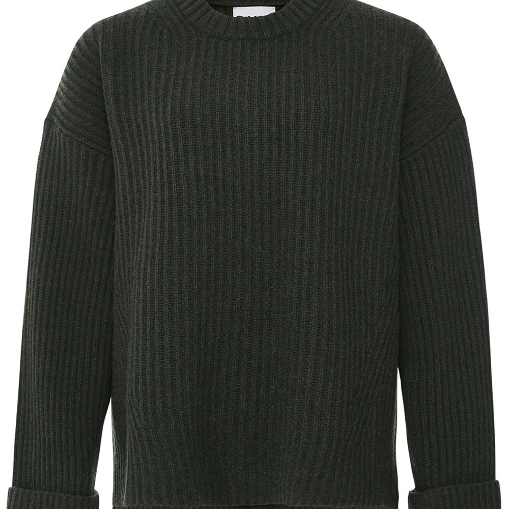 Ganni Dark Green Ribbed Crewneck Sweater
